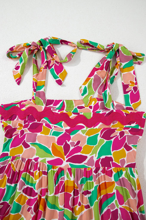 Floral Tie Strap Ricrac Trim A Line Flowing Maxi Dress